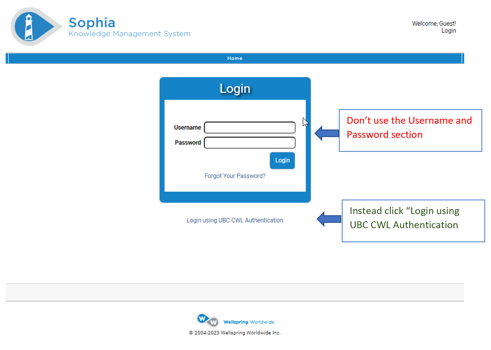login page - click to use UBC CWL Authentication